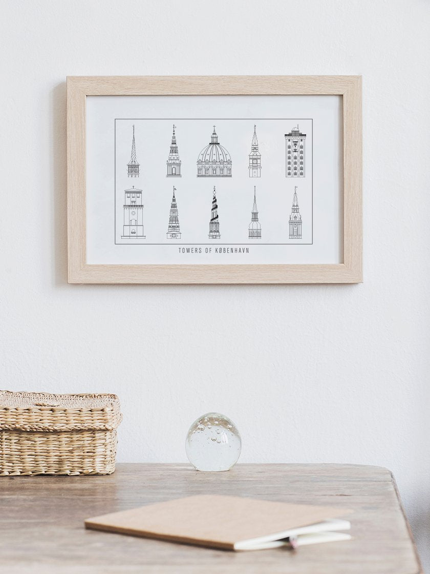 10 Towers of Copenhagen Outline - コペンハーゲン10タワー ペン画ポスター