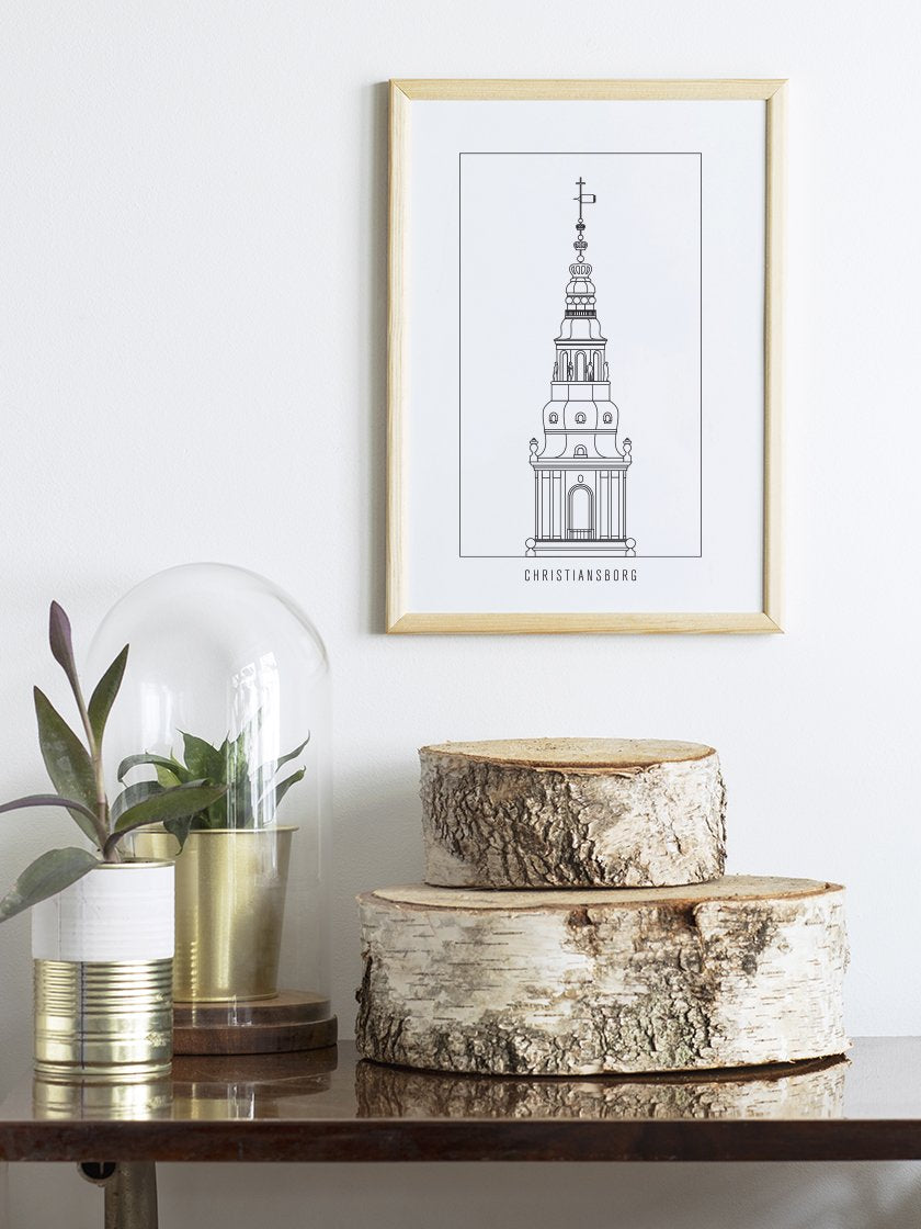 Christiansborg Slot Outline - クリスチャンスボー城 コペンハーゲンタワー ペン画ポスター
