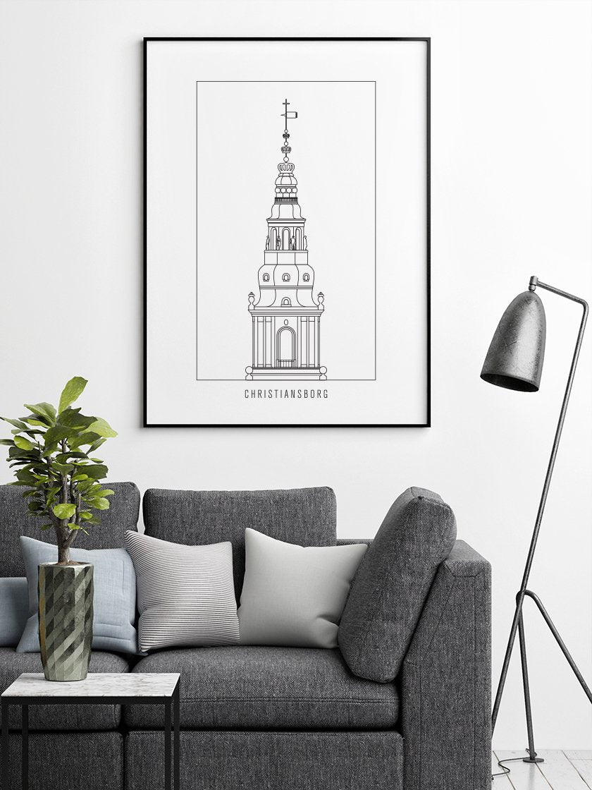 Christiansborg Slot Outline - クリスチャンスボー城 コペンハーゲンタワー ペン画ポスター