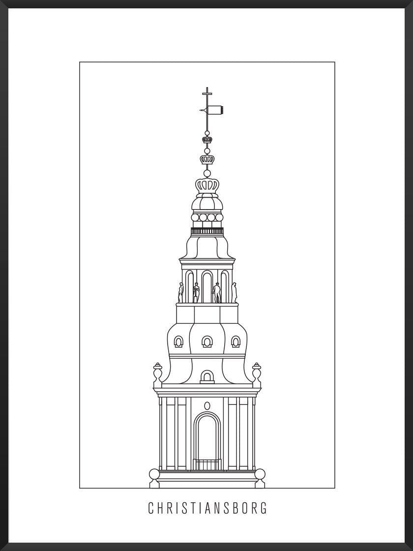 Christiansborg Slot Outline - クリスチャンスボー城 コペンハーゲンタワー ペン画ポスター