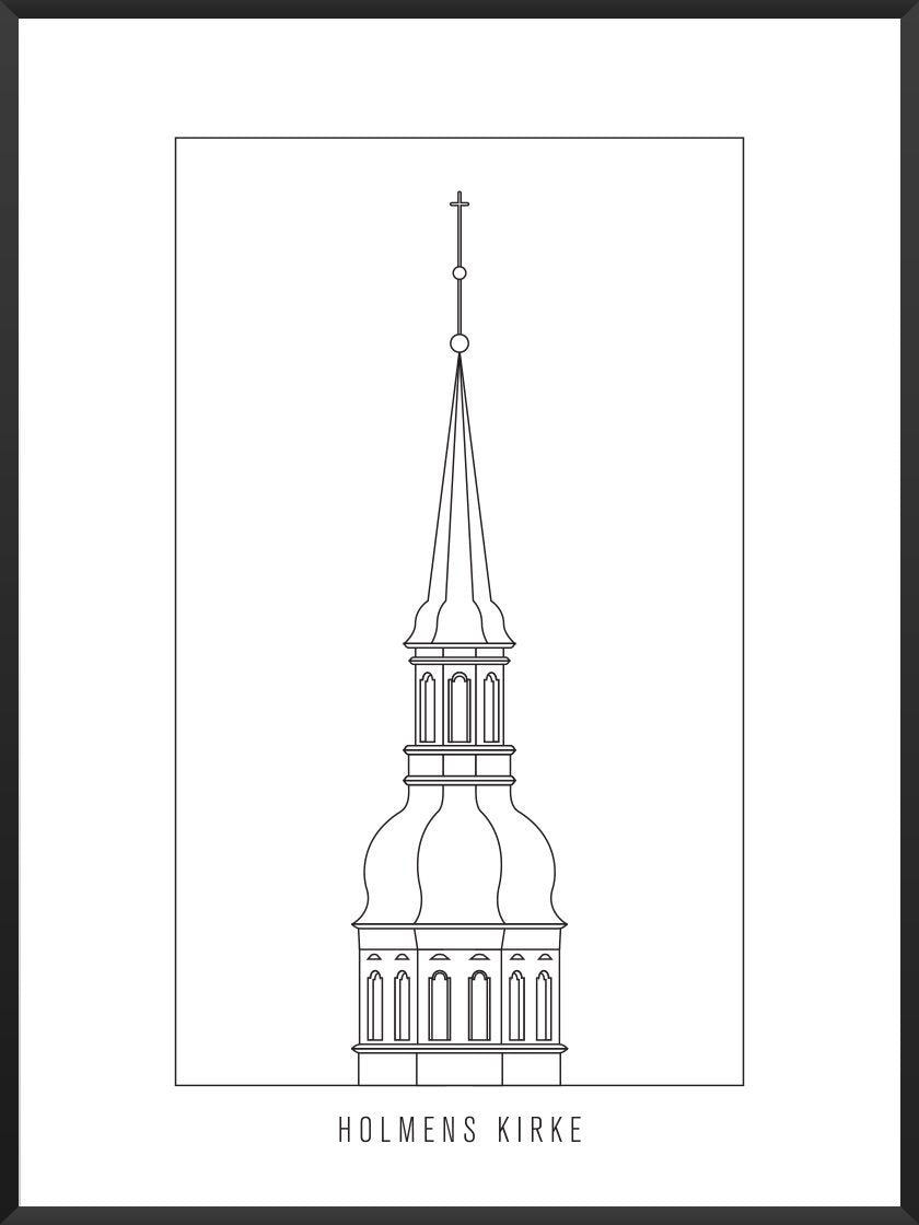 Holmens Kirke Outline - ホルメン教会 コペンハーゲンタワー ペン画ポスター
