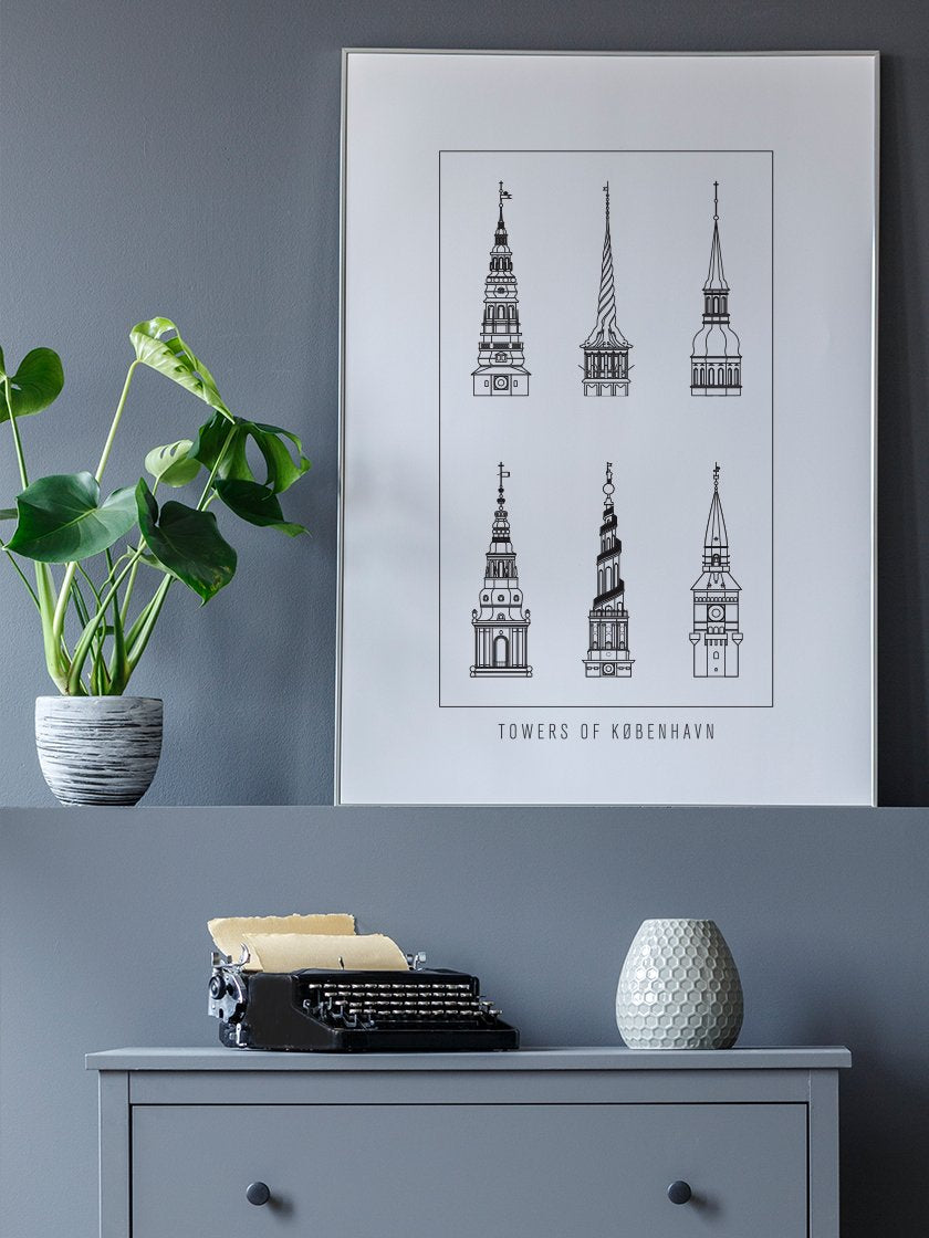 6 Towers Outline of Copenhagen - コペンハーゲン6タワー ペン画ポスター