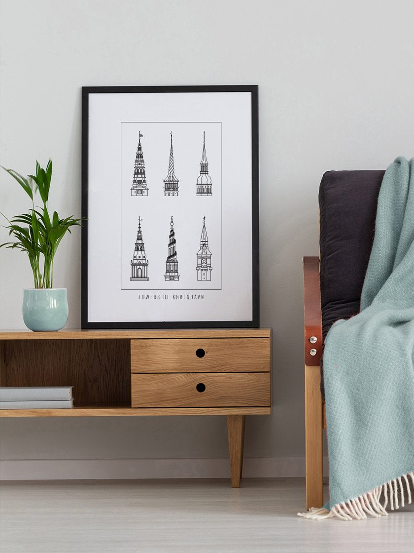 6 Towers Outline of Copenhagen - コペンハーゲン6タワー ペン画ポスター