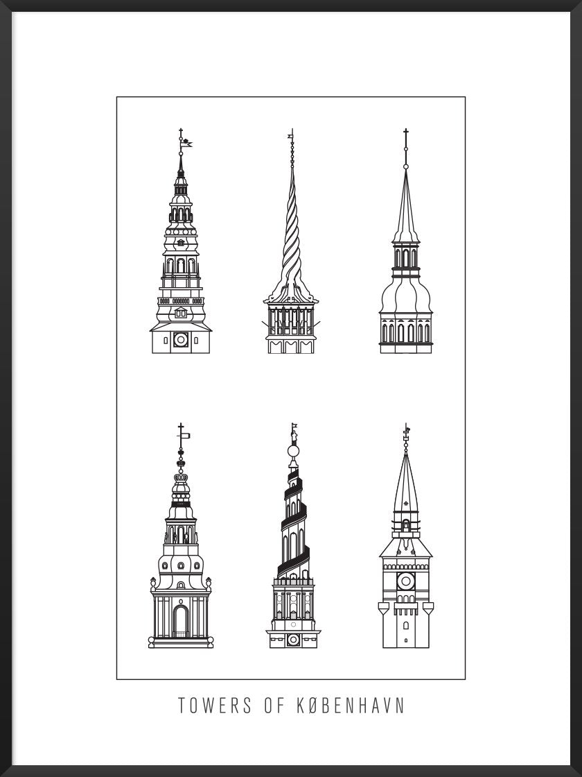 6 Towers Outline of Copenhagen - コペンハーゲン6タワー ペン画ポスター