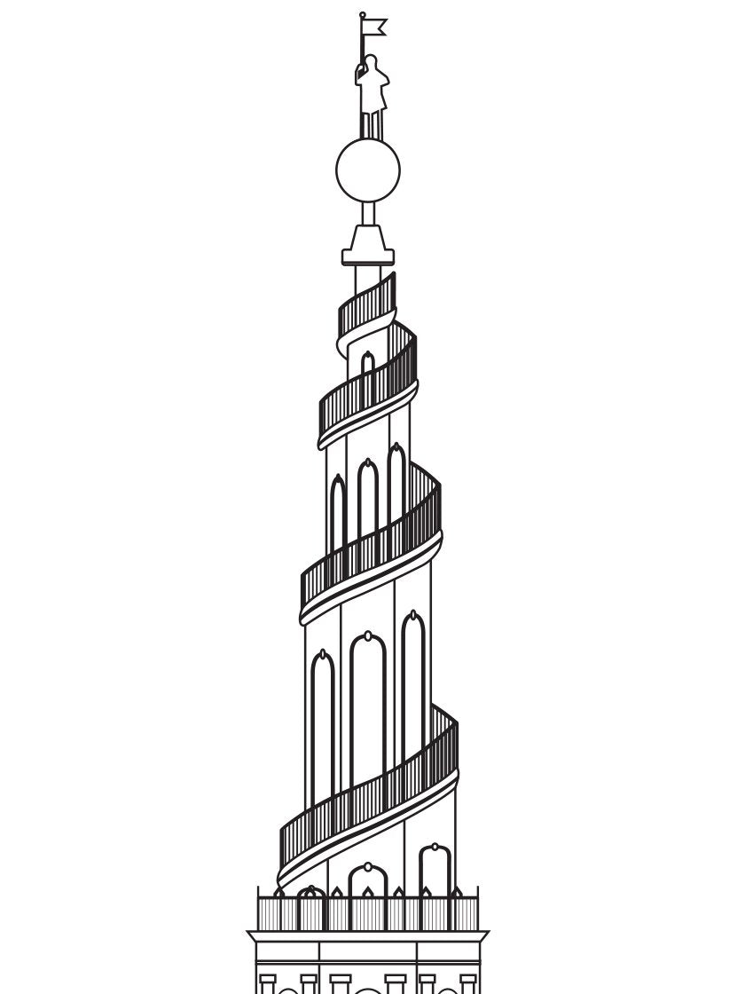 Vor Frelsers Kirke Outline - 救世主教会 コペンハーゲンタワー ペン画ポスター