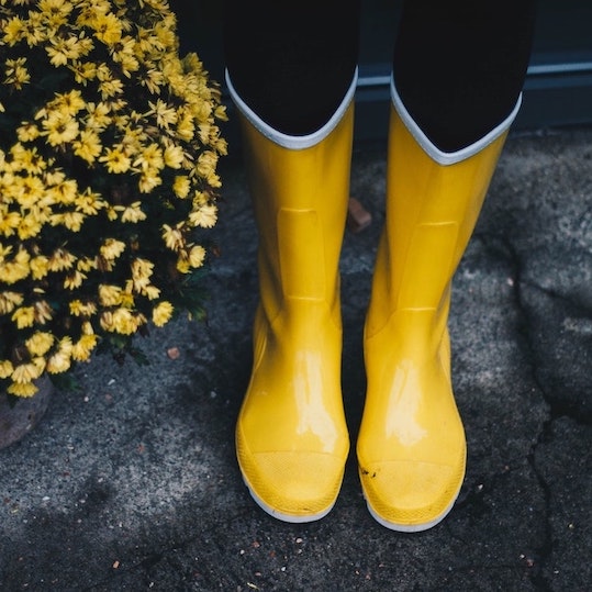 雨の日のレインブーツと花