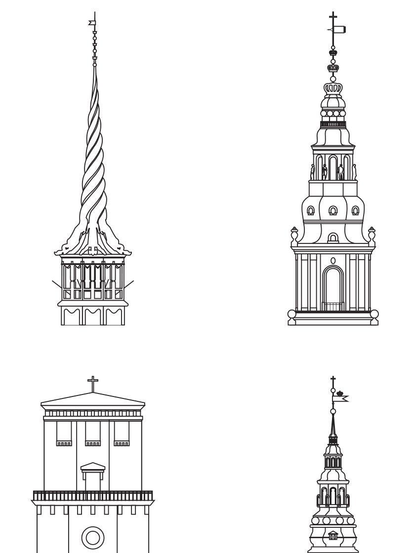 10 Towers of Copenhagen Outline - コペンハーゲン10タワー ペン画ポスター