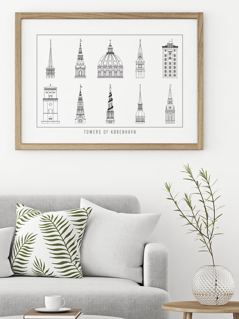 10 Towers of Copenhagen Outline - コペンハーゲン10タワー ペン画ポスター