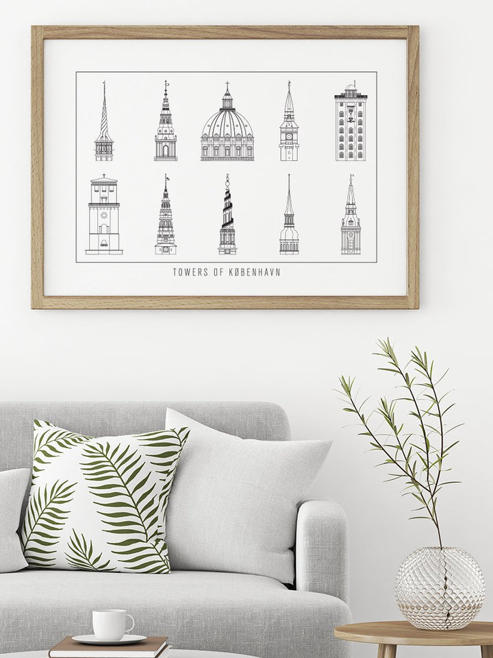10 Towers of Copenhagen Outline - コペンハーゲン10タワー ペン画ポスター