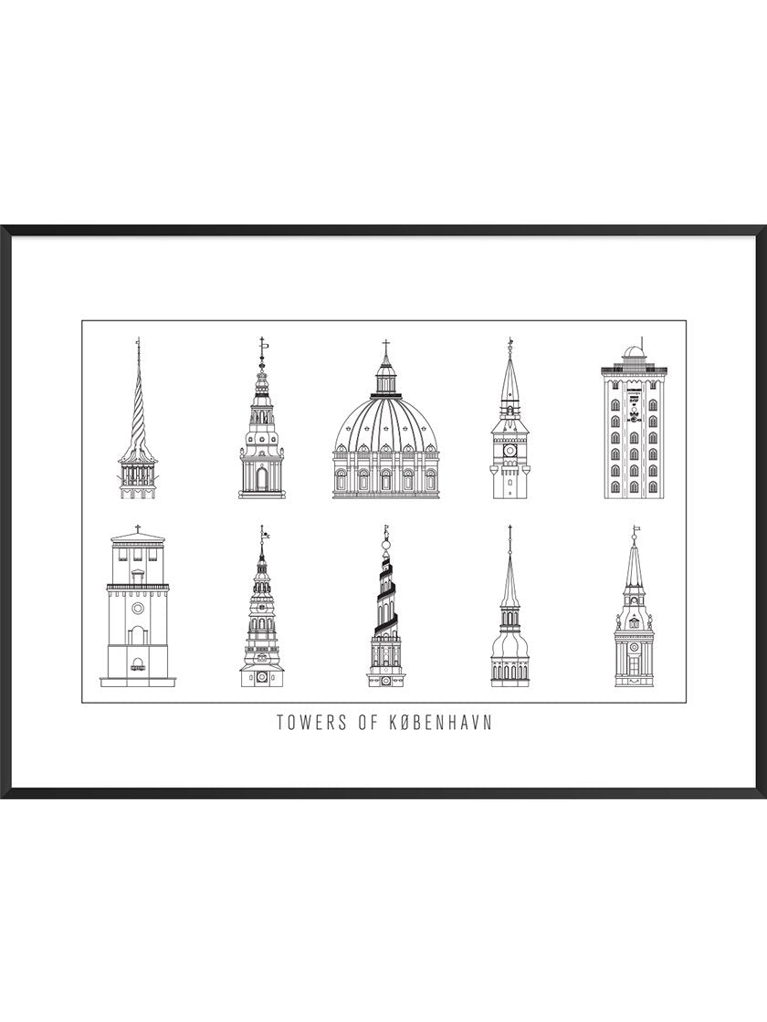 10 Towers of Copenhagen Outline - コペンハーゲン10タワー ペン画ポスター