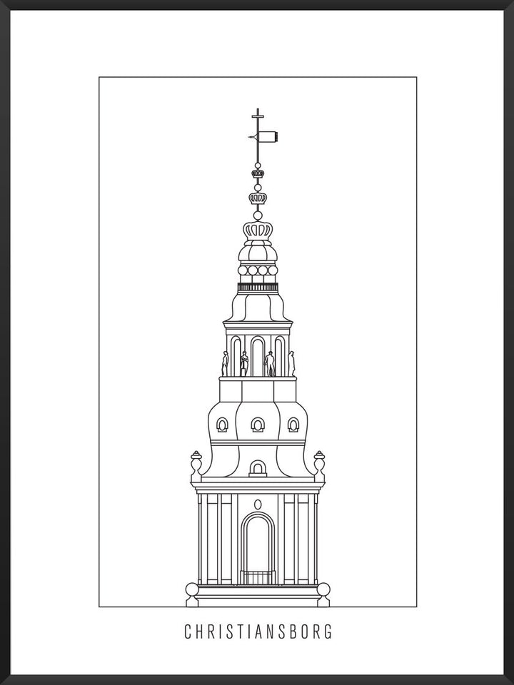 Christiansborg Slot Outline - クリスチャンスボー城 コペンハーゲンタワー ペン画ポスター