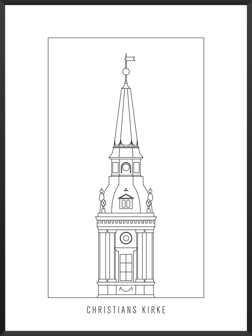 Christians Kirke Outline - クリスチャン教会 コペンハーゲンタワー ペン画ポスター