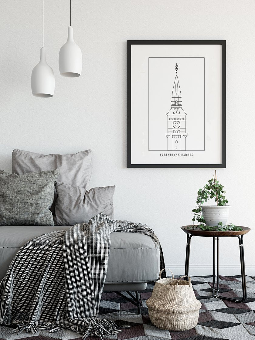 Københavns Rådhus Outline - コペンハーゲン市役所 コペンハーゲンタワー ペン画ポスター