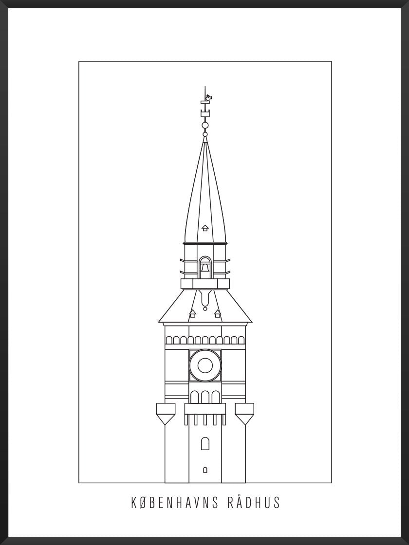 Københavns Rådhus Outline - コペンハーゲン市役所 コペンハーゲンタワー ペン画ポスター