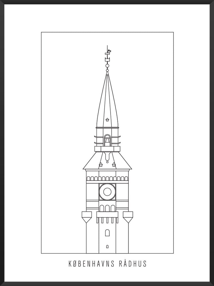 Københavns Rådhus Outline - コペンハーゲン市役所 コペンハーゲンタワー ペン画ポスター