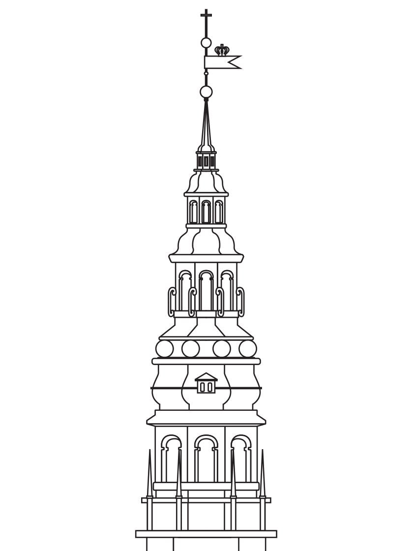 Sankt Nikolaj Kirke Outline - 聖ニコラス教会 コペンハーゲンタワー ペン画ポスター