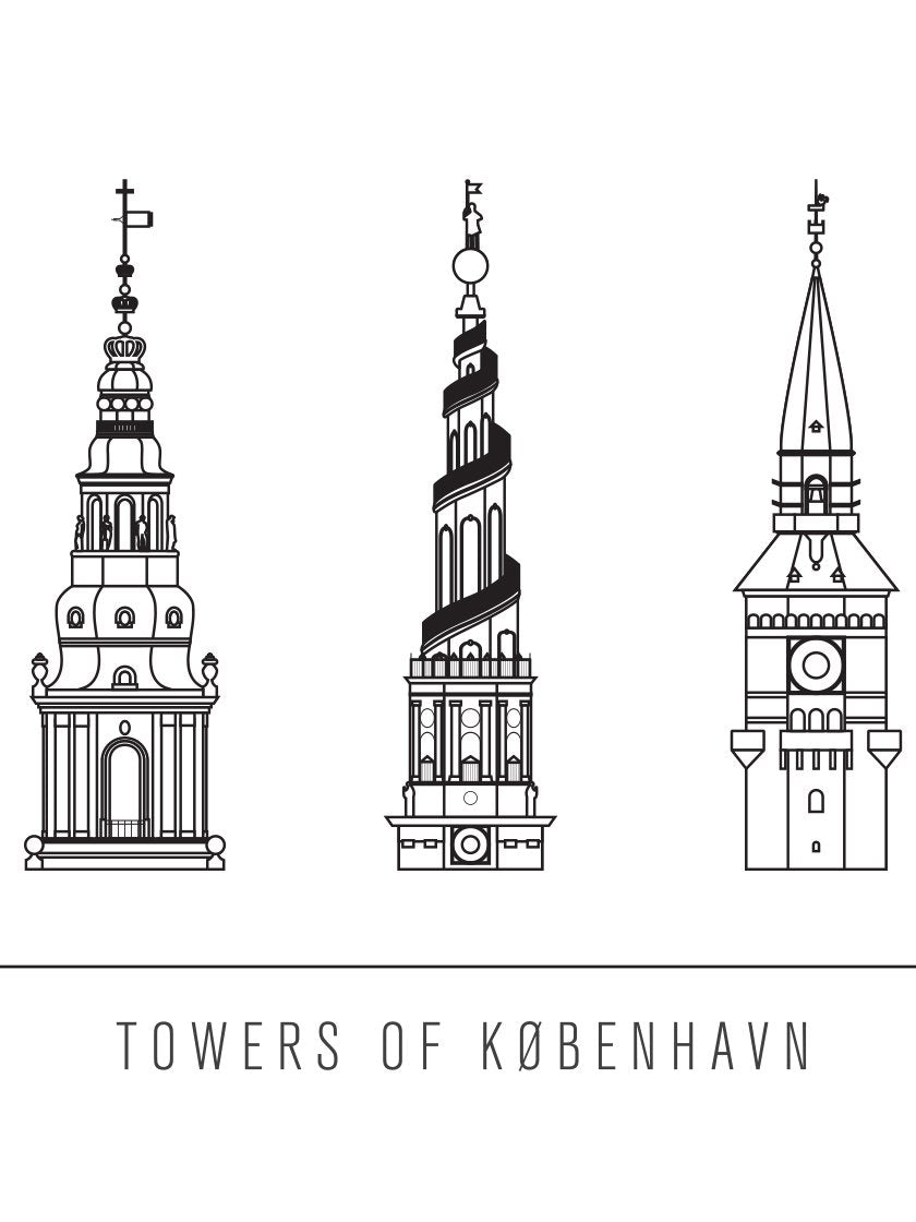 6 Towers Outline of Copenhagen - コペンハーゲン6タワー ペン画ポスター