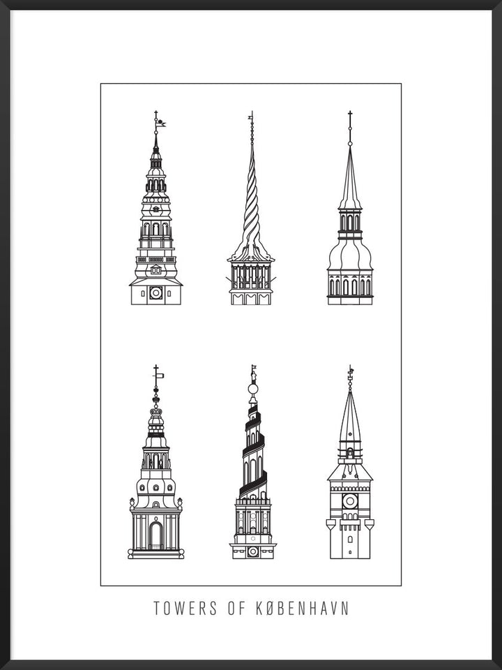 6 Towers Outline of Copenhagen - コペンハーゲン6タワー ペン画ポスター