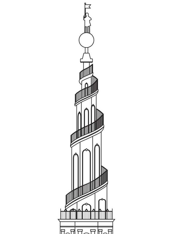 Vor Frelsers Kirke Outline - 救世主教会 コペンハーゲンタワー ペン画ポスター