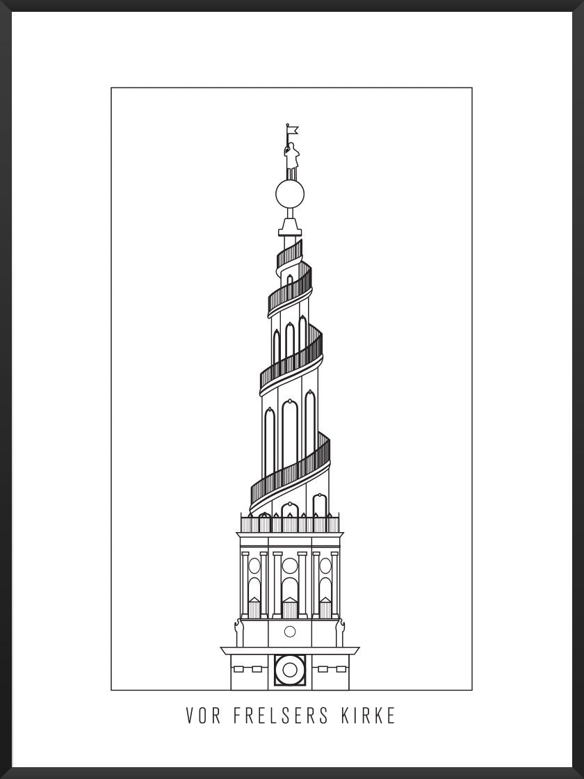 Vor Frelsers Kirke Outline - 救世主教会 コペンハーゲンタワー ペン画ポスター