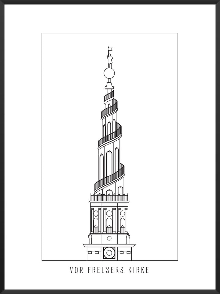 Vor Frelsers Kirke Outline - 救世主教会 コペンハーゲンタワー ペン画ポスター