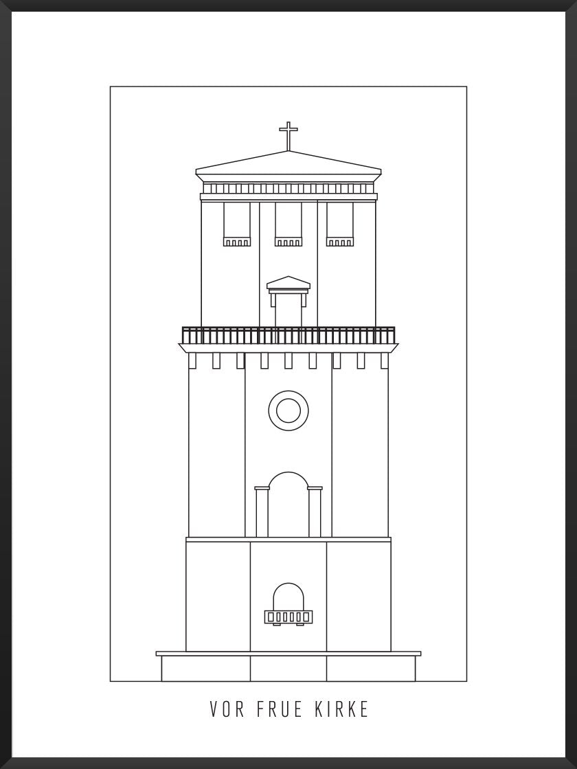 Vor Frue Kirke Outline - 聖母教会 コペンハーゲンタワー ペン画ポスター