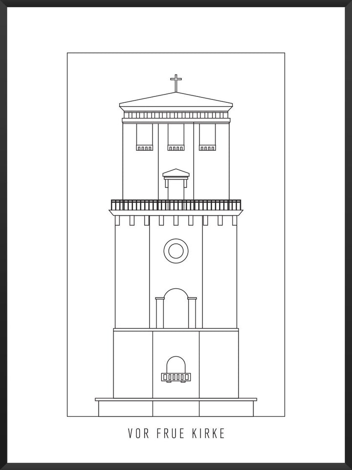 Vor Frue Kirke Outline - 聖母教会 コペンハーゲンタワー ペン画ポスター